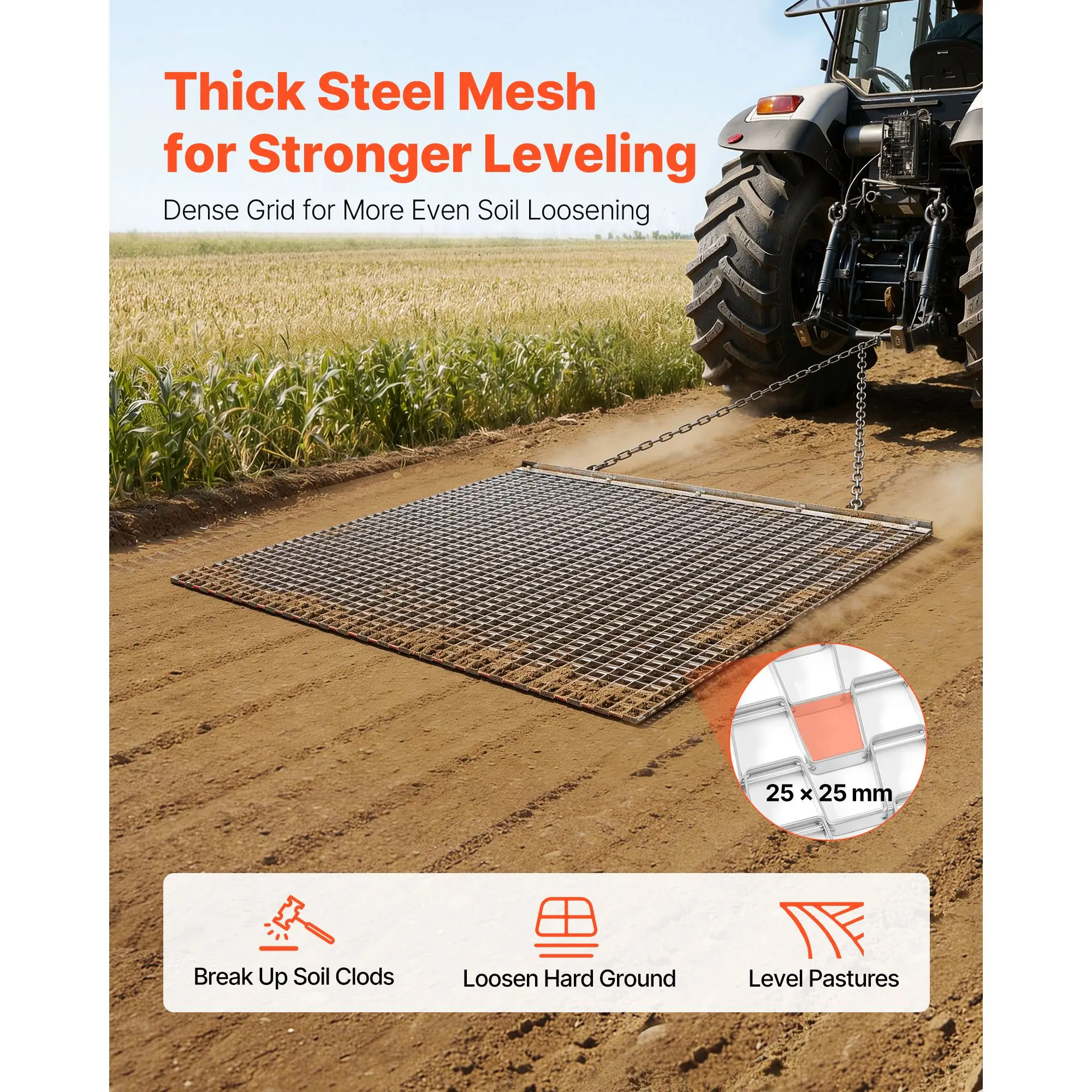 Drag Harrow, 4 x 4 ft, High-Efficiency Chain Rake, ATVs UTVs Tractors Attachments, Durable Galvanized Steel Mesh Mat with