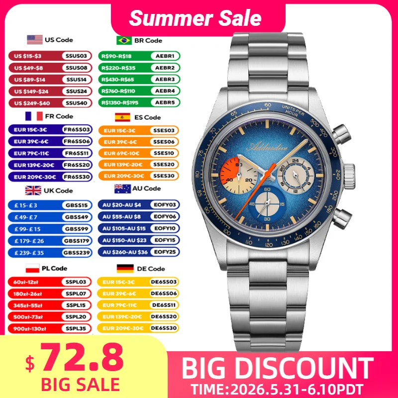 

ADDIESDIVE 2026 New Men's Chronograph Watch 100m Waterproof Quartz Watches K1 Bubble Glass 316L Steel Super Luminous Wristwatch
