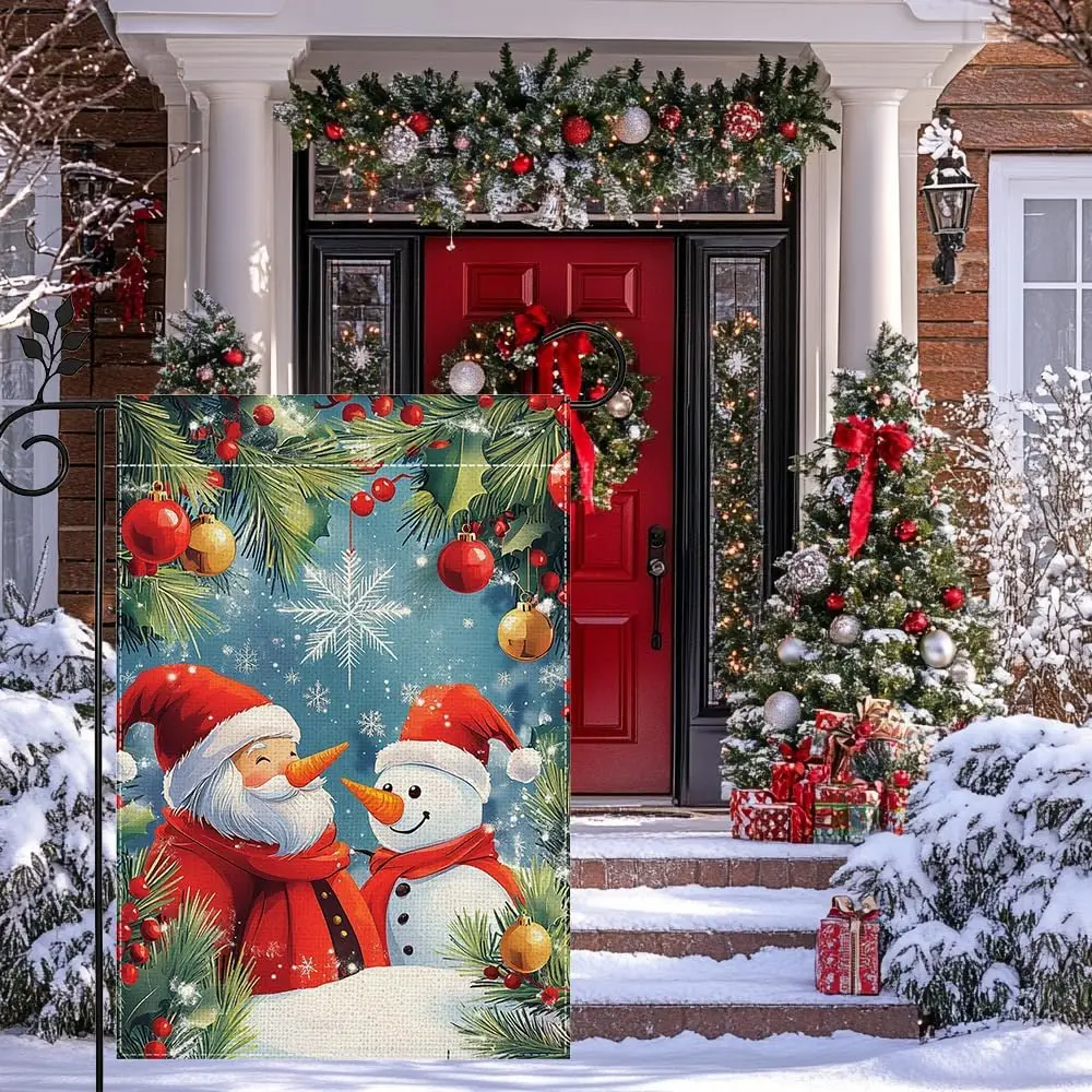 Winter Gnome Christmas Garden Flag for Outside, Snowman Snowflake Welcome Yard Flag 12x18 Inch Double Sided Burlap Holiday F zzo