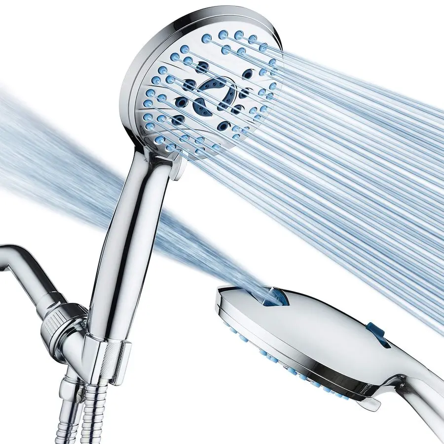 

High Pressure 8mode Handheld Shower Head Anticlog Nozzles, Builtin Power Wash to Clean Tub, Tile amp Pets, Extra Long 6 ft. Stai