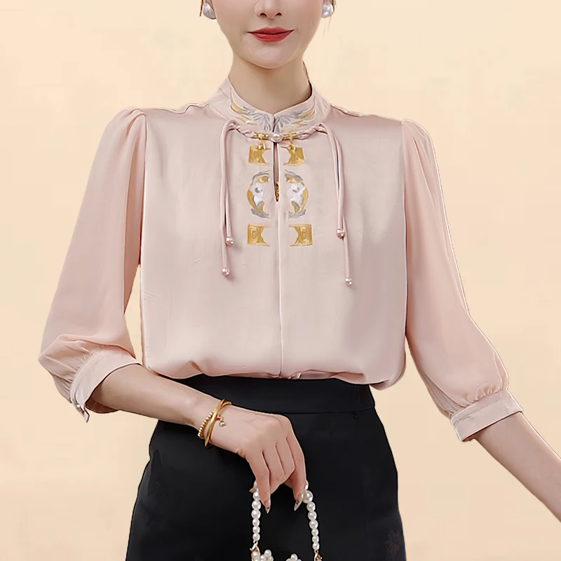 New Chinese style national style shirts women embroidery mid-sleeve shirt 2024 summer fashion cropped sleeve clothing casual top