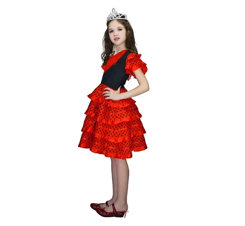 Spanisches Flamenco-Tanzkostüm für Kinder, rotes und schwarzes langes Kleid, Mädchen-Karnevals-Bühnenoutfit für Festival-Cosplay-Party – Detail 13