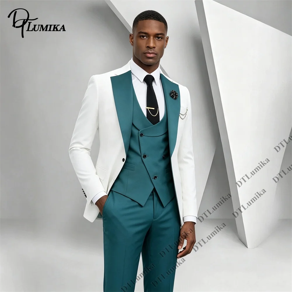 Men 3 Piece White Teal Suit Color Block Blazer Vest Pants Set Slim Fit Peak Lapel Groom Wedding Prom Party Formal Tuxedo Custom