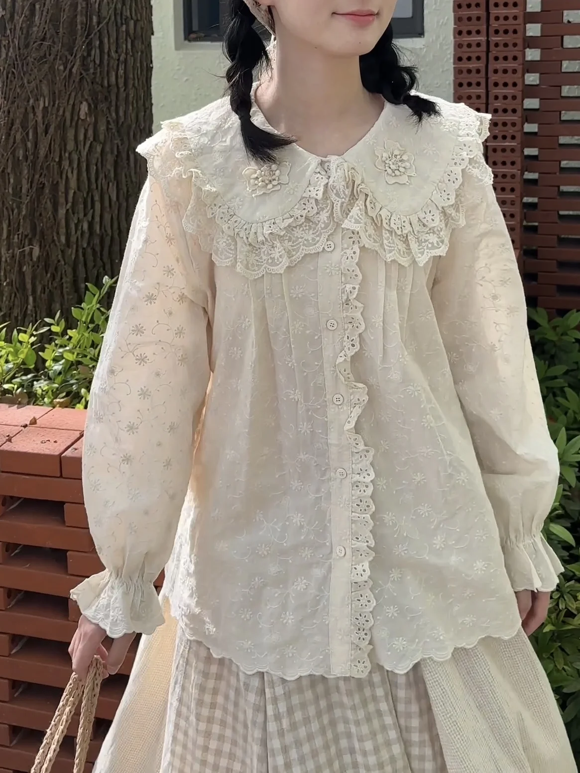 

Loose Lace Long Sve Doll Collar Base irt Pure Color Sweet Sle Spring Autumn Cotton Women's Faionable Casual irt