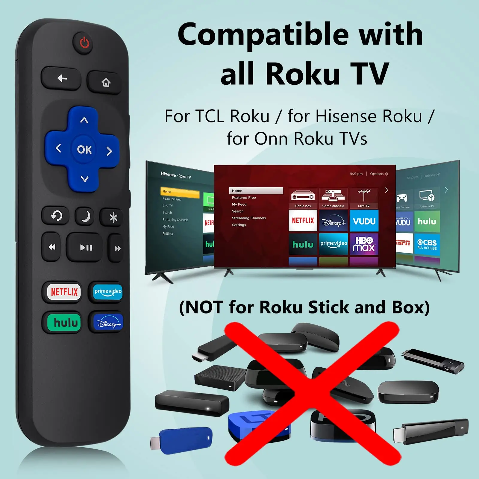 2 Pack Replacement Remote for All Roku TVs. Compatible with TCL Roku, Hisense Roku, Onn Roku, and Philips Roku Smart TVs (Not for Roku Stick and Box)