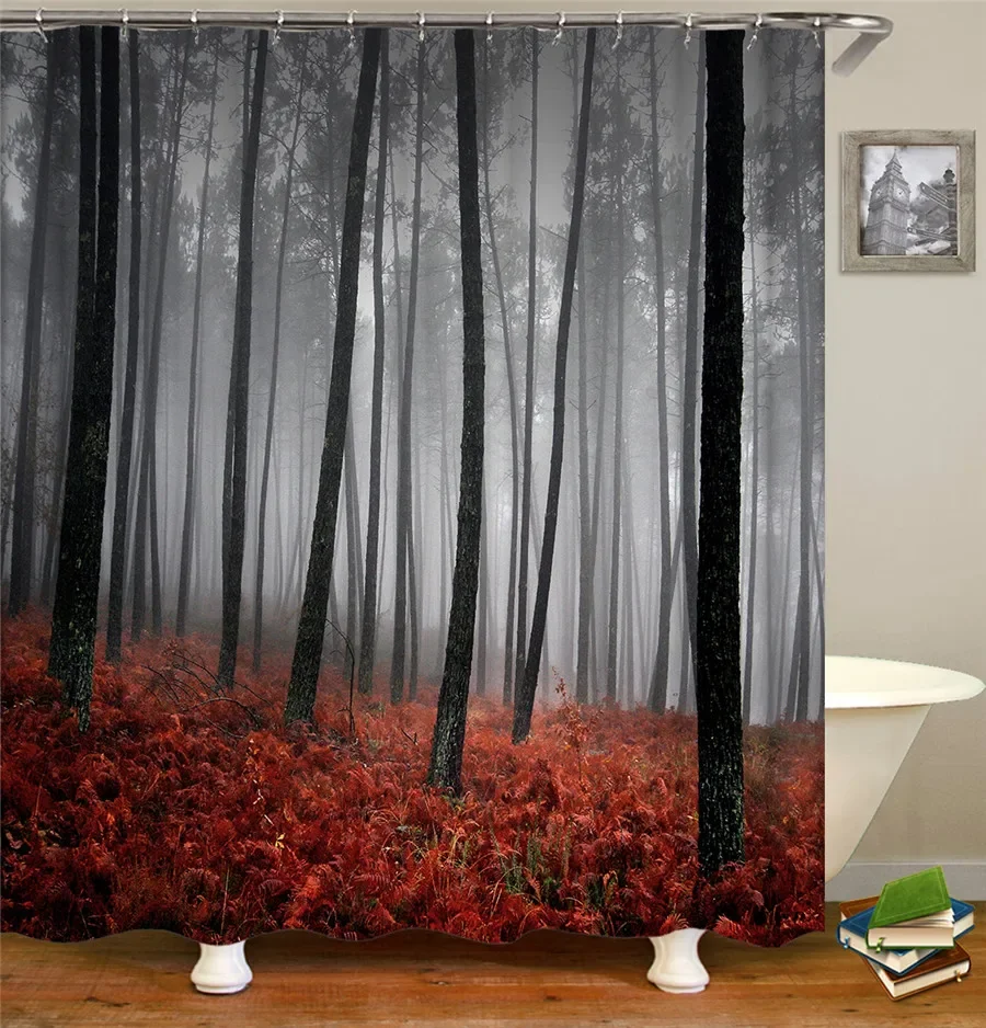 Green Forest Trees Scenery Bath Curtain Shower Curtains Bathroom Waterproof Polyester Fabric 3d Printed Bath Screen 12 Hooks Mat