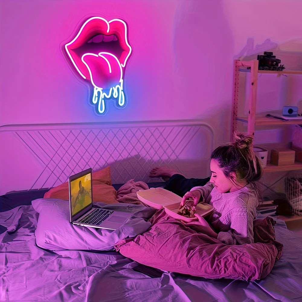 Playful Lips LED Neon Sign | USB-Powered Vibrant Wall Decor for Bar, Bedroom & Gaming Room | Non-Provocative Party Lighting for