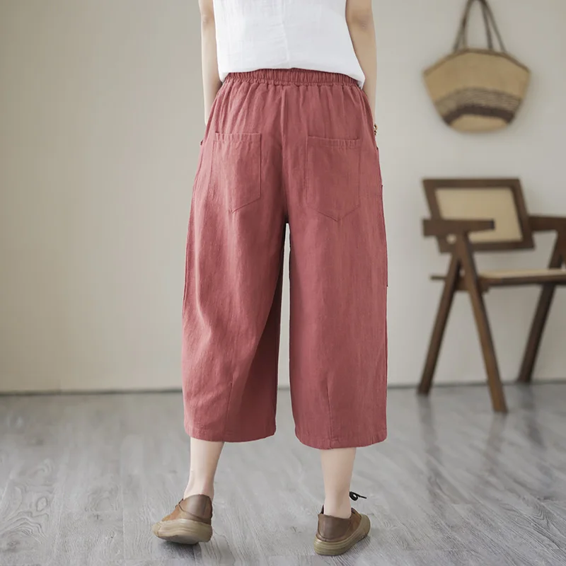 Pantalon à jambes larges en coton et lin pour femmes, taille élastique fine, amincissant, décontracté, ample, Tube droit, pour les déplacements, été