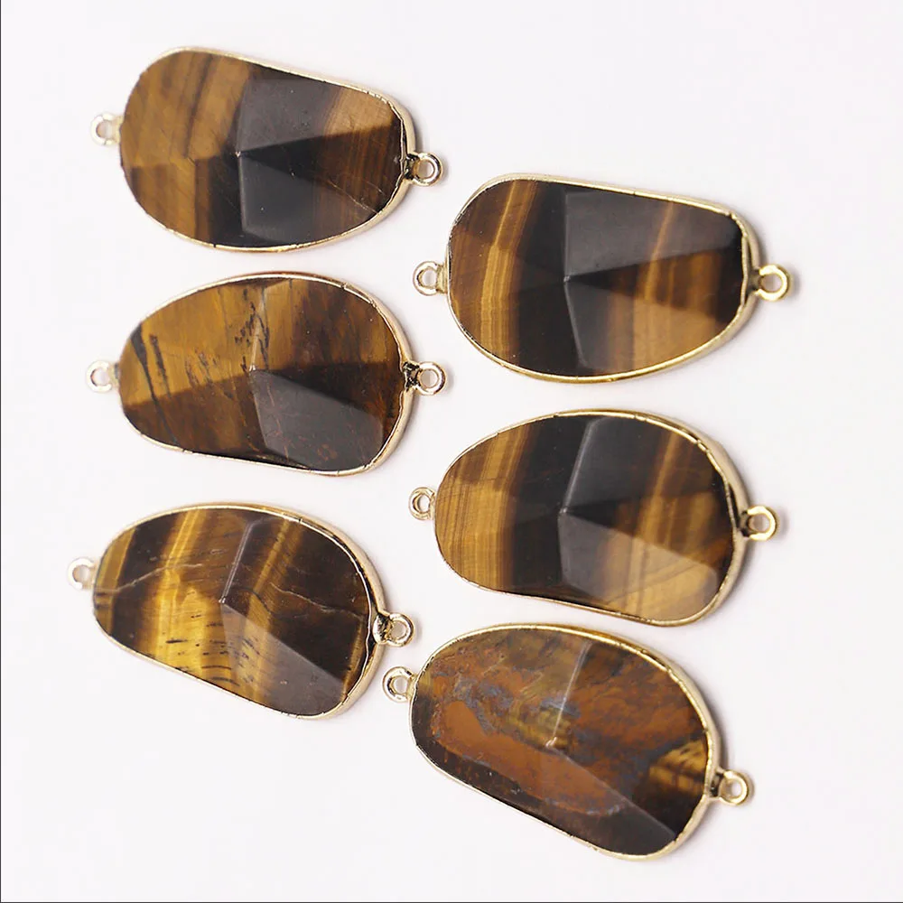 Natural Irregular Tiger's Eye Stone Necklace Pendants Gold-edged Double-hole Connector Charms Fashion Jewelry 5Pcs Free Shipping