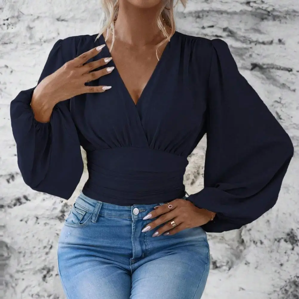 

Lantern Sleeve Blouse Elegant Lantern Sleeve Women's Office Shirt with Pleated Waist V-neck Detail Stylish Solid Color