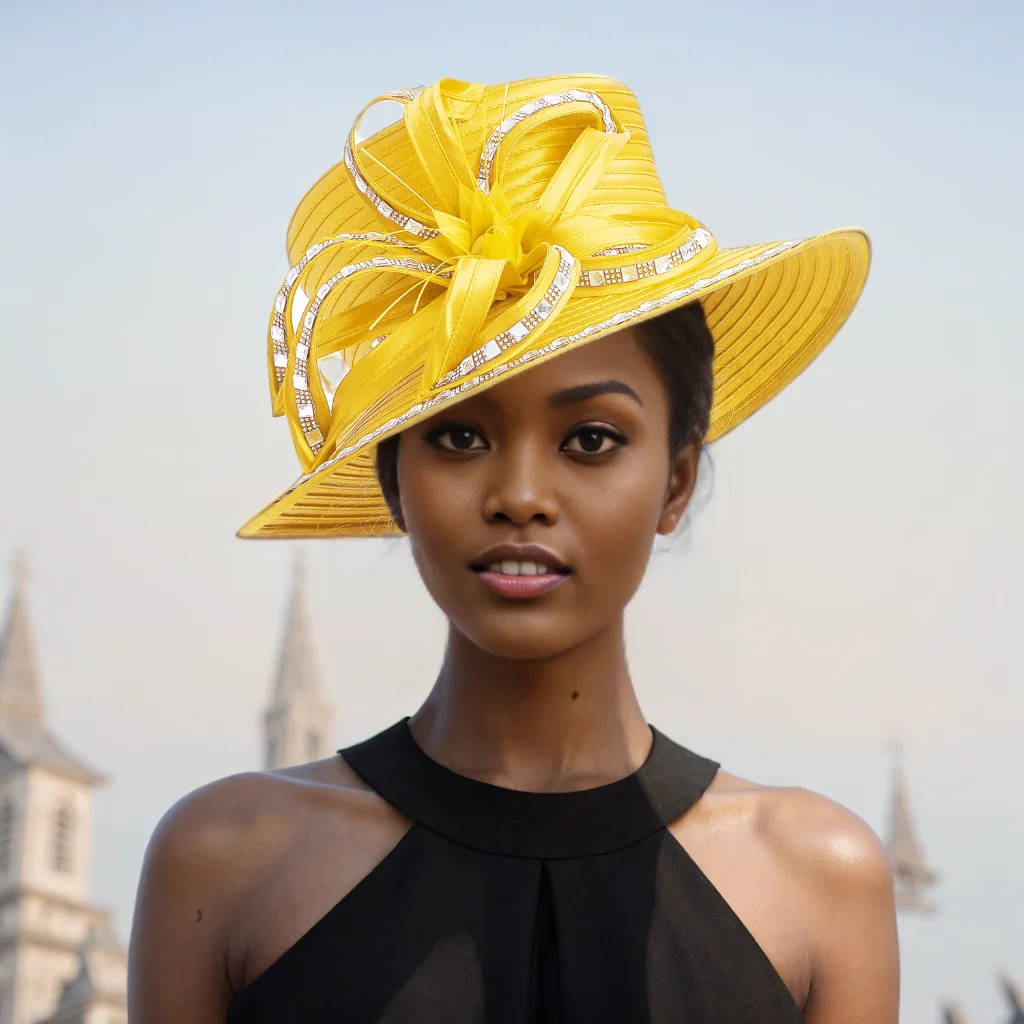 Yellow Fashion Satin Cloth Church Hat Deluxe Luxury Elegant Photography Hat Beauty Fancy Formal Flower Fascinator Hat Female