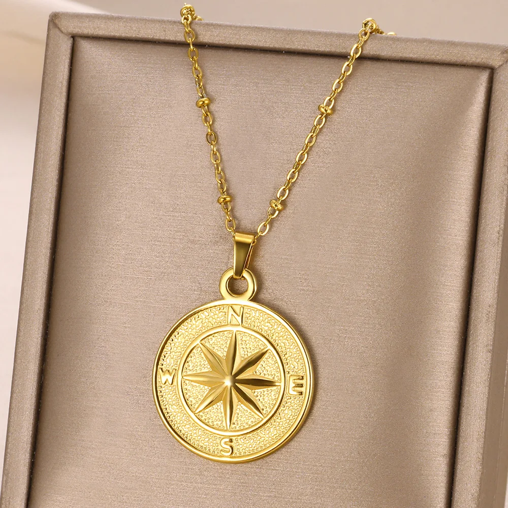 

Trendy North Star Stainless Steel Pendant Necklace for Women Men Gold Plated Compass Coin Necklaces Fahion Jewelry Gifts