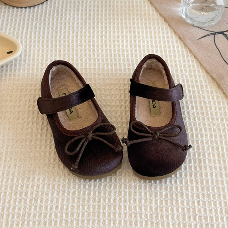 Solid Velvet Girls Flats Shoes Winter Bow Plush Warm Kids Princess Shoes Shallow Hook Loop Non Slip Children Mary Janes