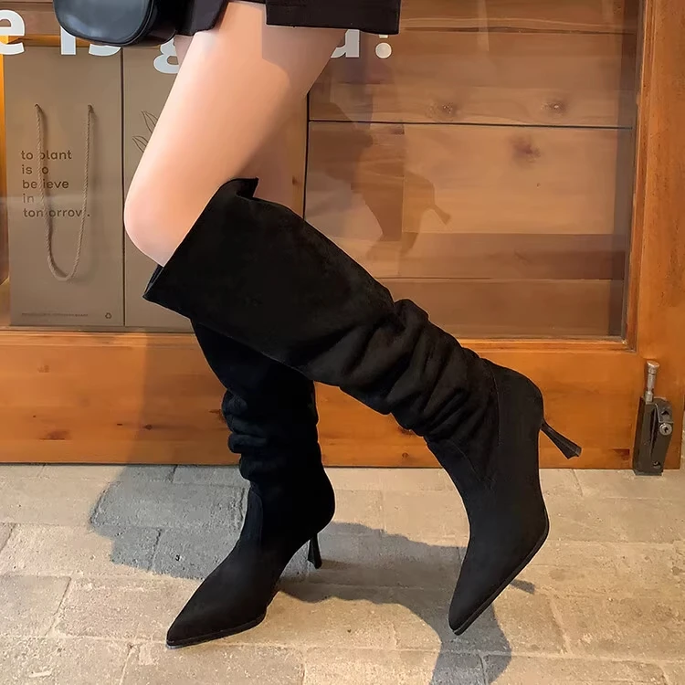 High Heels Chelsea Boots Winter Knee-High Women Shoes 2023 New Fashion Pointed Toe Pumps Women High Boots Suede Motorcycle Botas