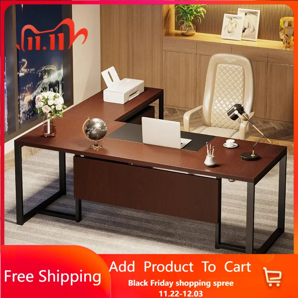 L-Shaped Executive Desk with Drawer Cabinet, Large Executive Office Desk with Separate File Cabinet, Office Desks