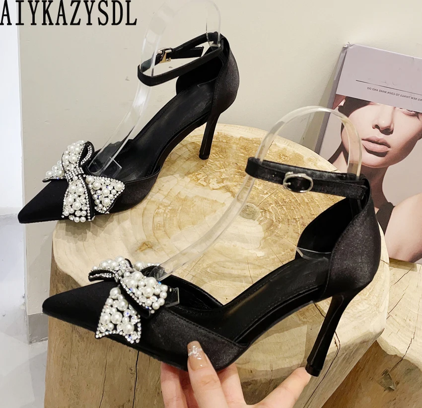 AIYKAZYSDL 2023 Spring Summer String Beads Pearl Pumps White Black Crystal Ankle Strap Heel D'orsay Sandals Stilettos Silk Shoes