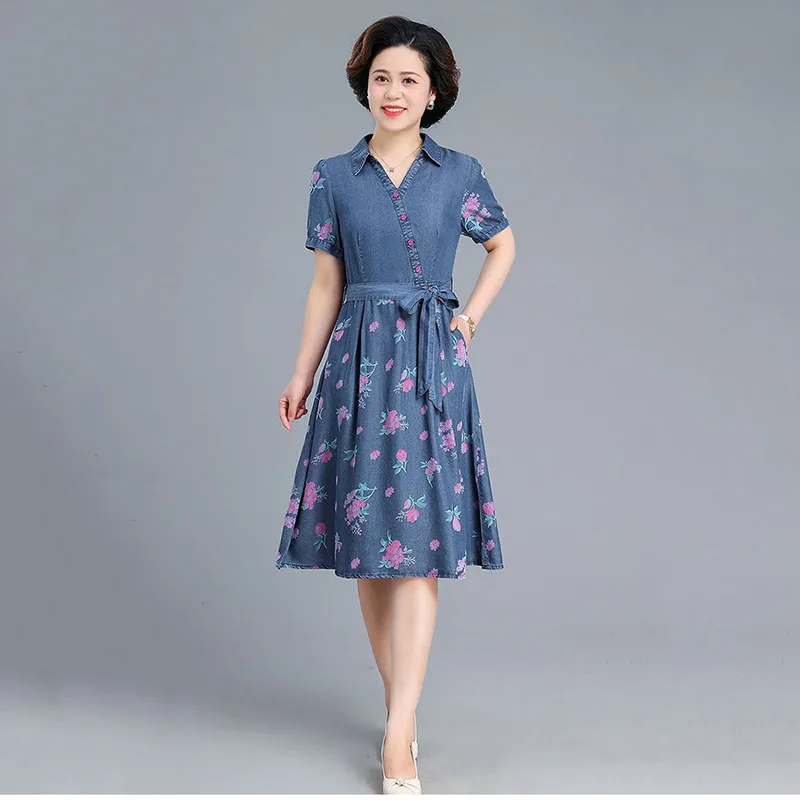 Mother Fashion Printing Waistband Denim Dress 2024 Summer New Slim And Age-Reducing Temperament  Cowgirl Dresses