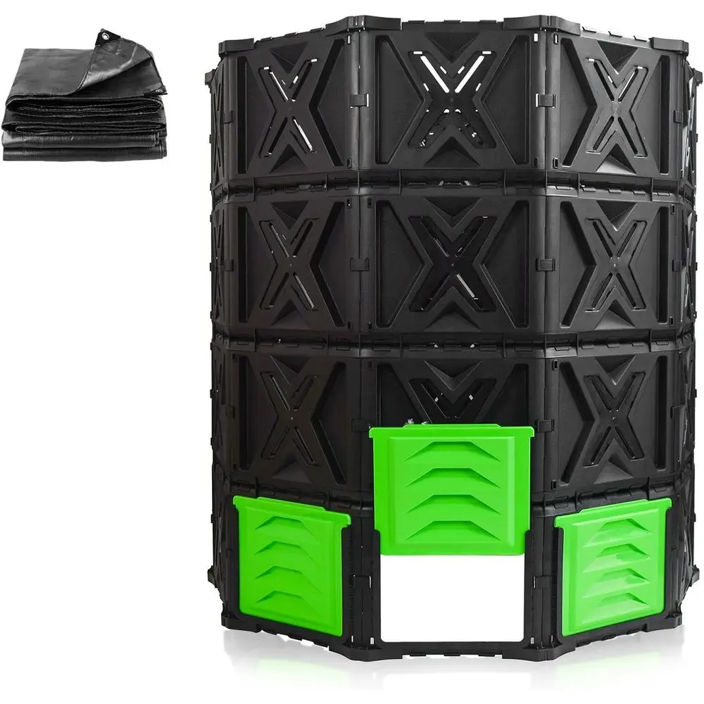 XXL Large Compost Bin Outdoor- 720L /190 Gallon-Easy Assembly-No Screws-Sturdy& Durable-Green Door