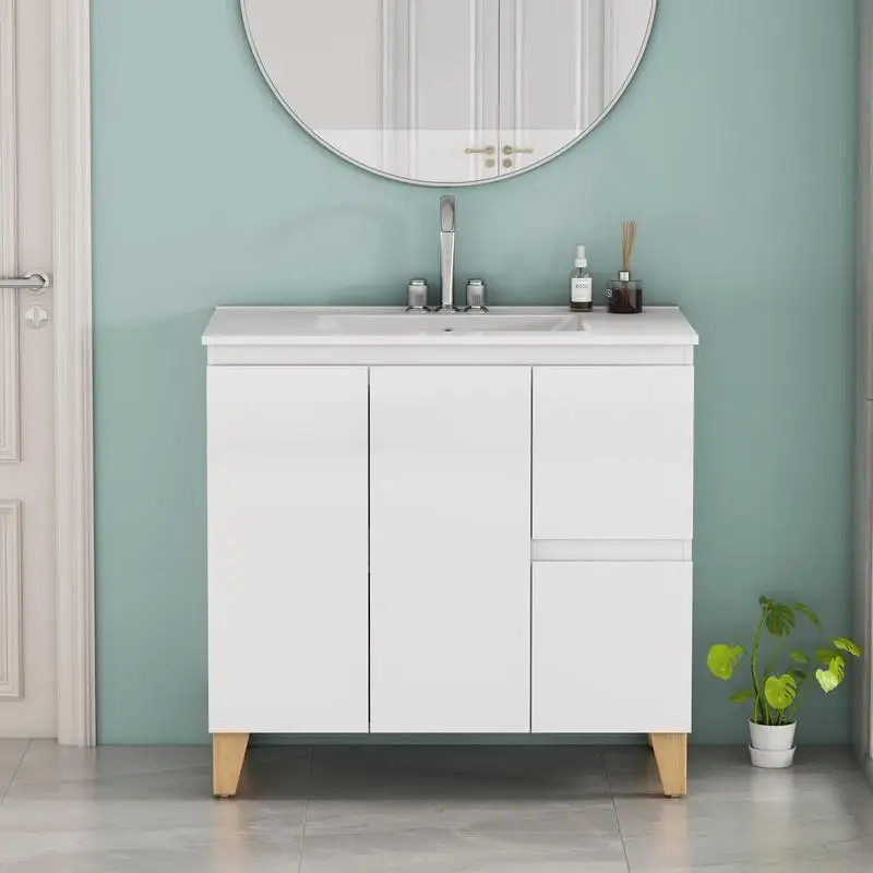 Meja Rias Kamar Mandi Modern 36-Inci dengan Kombinasi Wastafel 3 Lubang, 2 Pintu & 2 Laci, Sistem Tutup Lembut, Desain Tanpa Pegangan, Kayu Alami