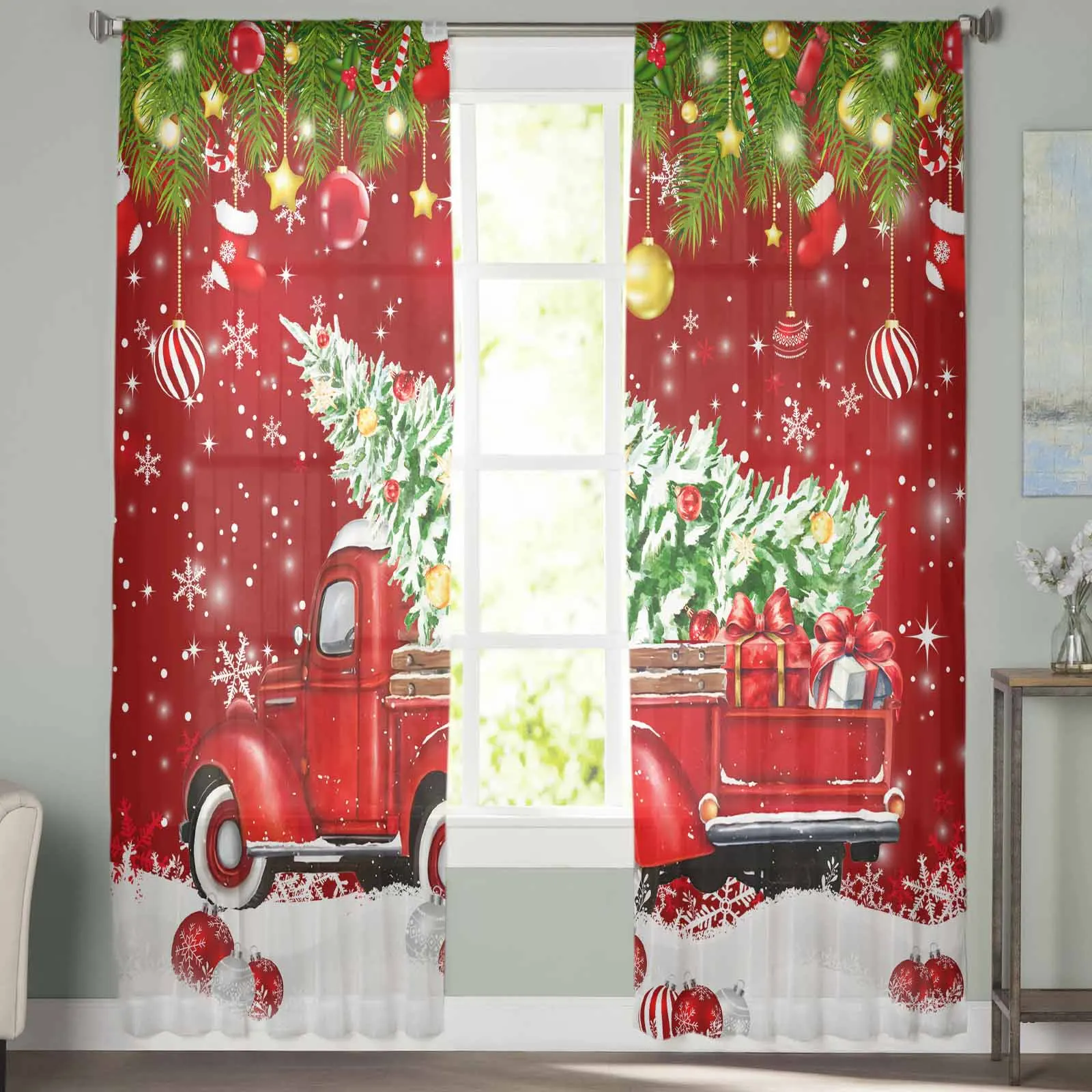 Gift Christmas Tree Red Truck  The Sea Sheer Curtains for Living Room Bedroom Home Hotel Coffee Decor Chiffon Tulle Curtains