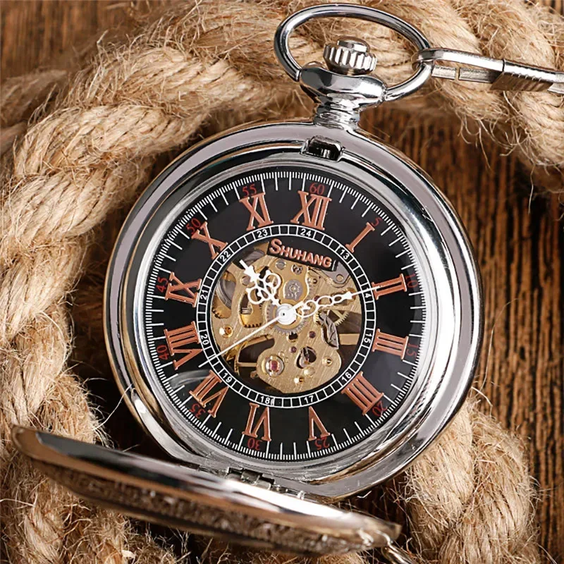 Steampunk Dragon Design Silver Men Women Mechanical Hand Winding Pocket Watch Roman Number Fob Chain Watch Relogio De Bolso