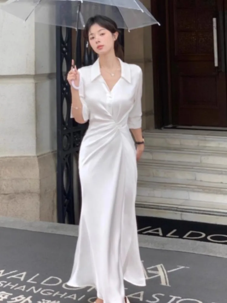 Autumn White V-neck Shirt Dresses for Women Elegant Long Sleeve Slim Waist Mermaid Vestidos Casual Office Lady One Piece Dress