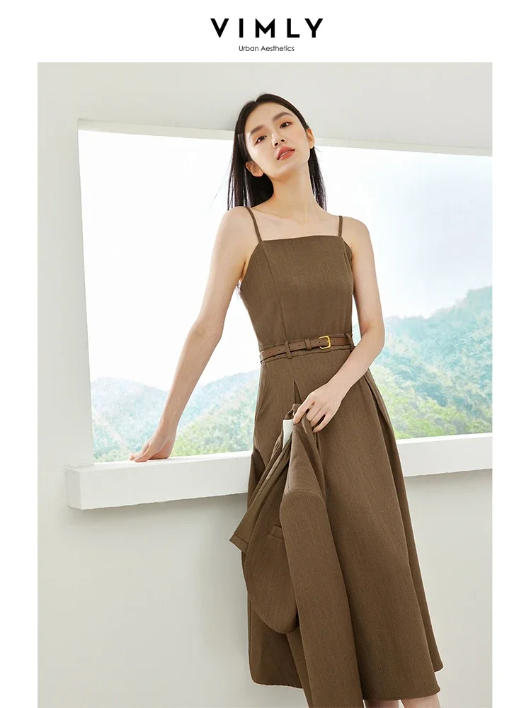 Vimly Coffee Elegant Blazer Suit Cropped Jacket A-line Pleated Midi Dress 2023 Autumn Winter New Office Lady Matching Sets M3967