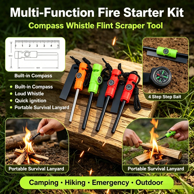 4-in-1 Waterproof Fire Starter Kit with Compass, Magnesium Strip Ignition Stick & Scraper, All-In-One Camping Survival Essential