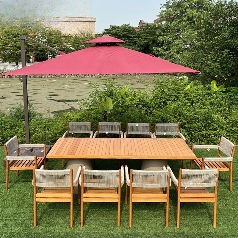 

Outdoor B & B villa courtyard leisure multi-person solid wood teak tables and chairs outdoor waterproof sunscreen rope weaving