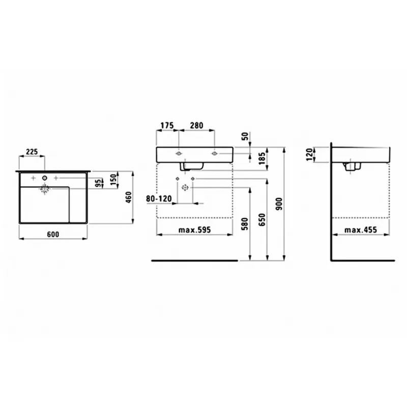 The basin is on the left side. Wall-mounted hand and face washing 600mm 810334