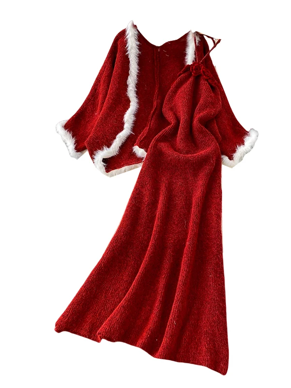 엘레 롱 니트 드레스 헤비 퍼 패치워크 레이지 코트 하이 웨이스트 A라인 스커트 슬레 윈터 이브닝 파티 드레스