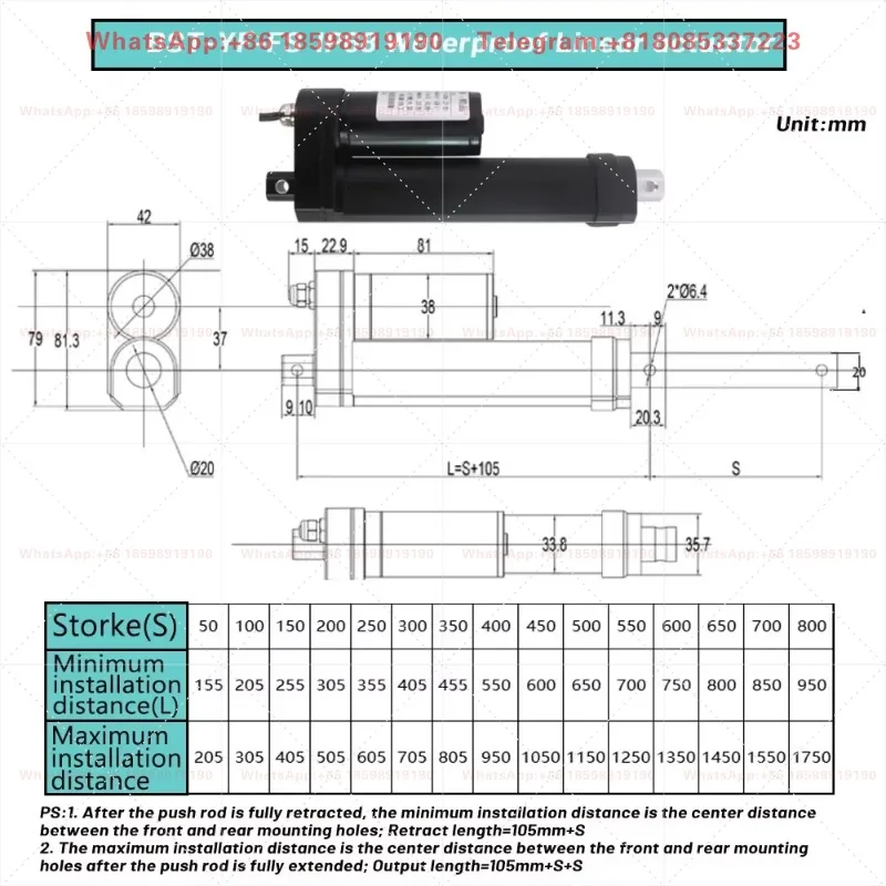 IP68 Waterproof Linear Actuator 1200N High Thrust | DC 12V/24V Electric Push Rod with U-Bracket 50-800mm Stroke Adjustable