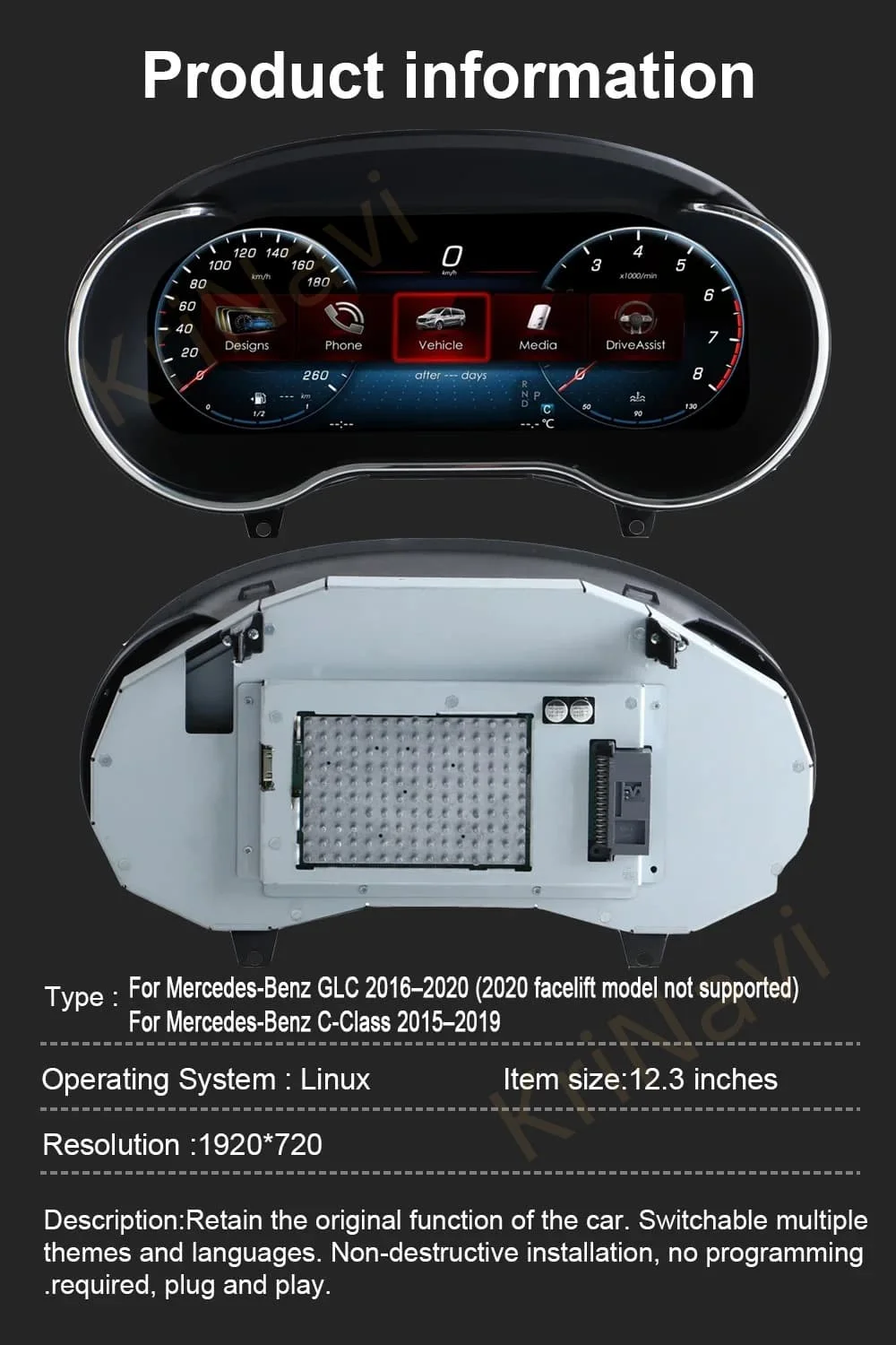 Digital instrument Cluster For Mercedes Benz C/GLC Class C200L C200 C300 C180 C260 W205 W203 2015-2021 Speedometer Dashboard view 6