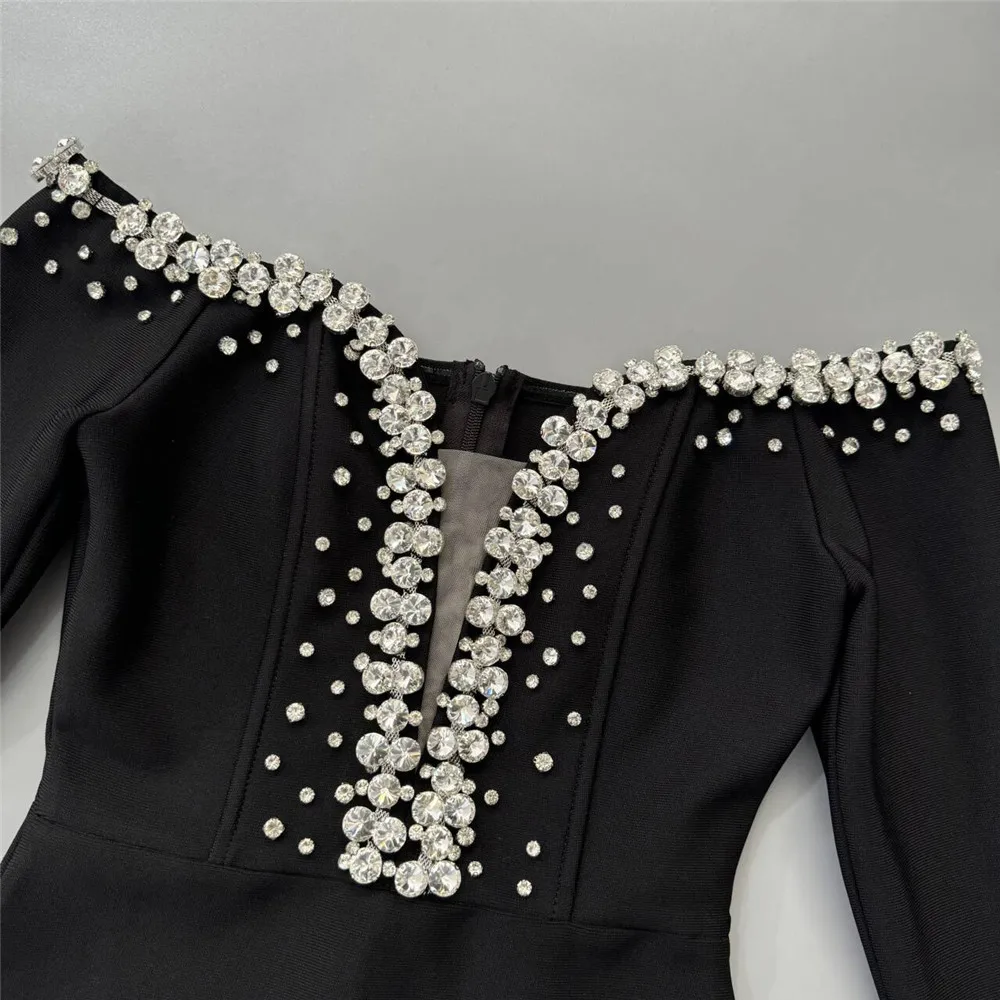 Women Elegant Beading Bandage Dress Sexy Off The Shoulder Long Sleeve Clothes Celebrity Party Trumpet Dresses