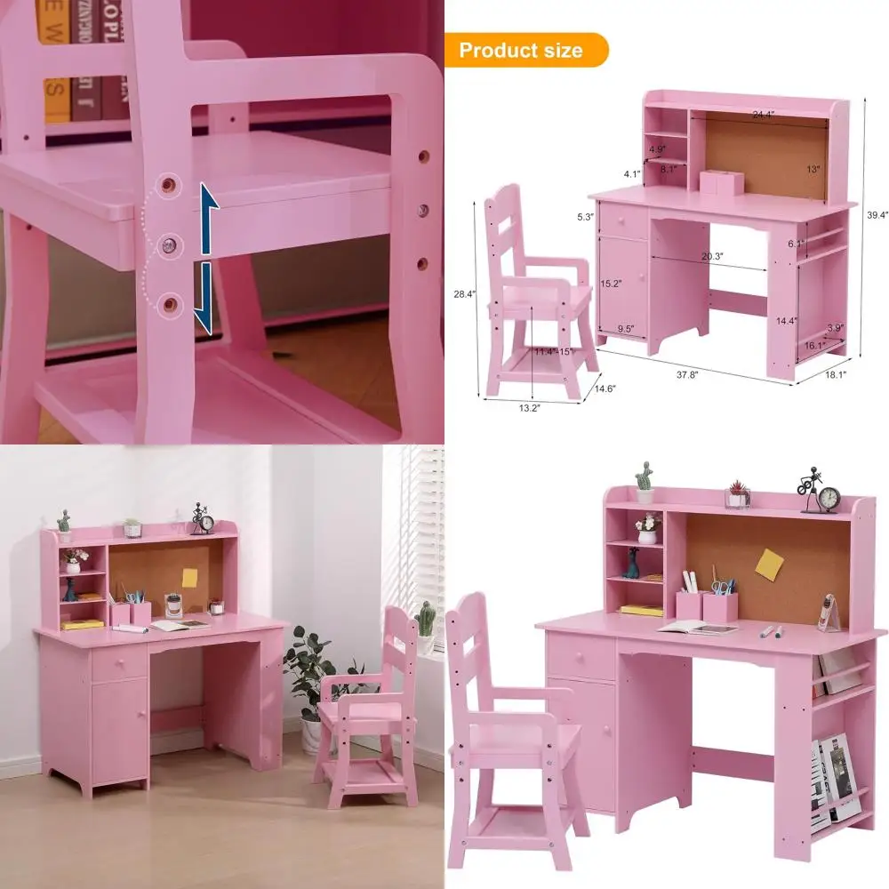 

Детский комплект: письменный стол и стул, деревянный стол для письма с книжной полкой, тумбой и ящиком, подходит для детей 3-8 лет, розовый