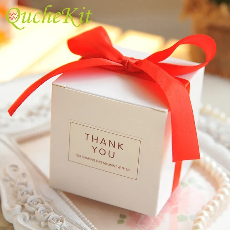 50/100Pcs European Cube Candy Box With Ribbons Cookies Chocolate Box Gift Packing Box For Baby Shower Birthday Wedding Party