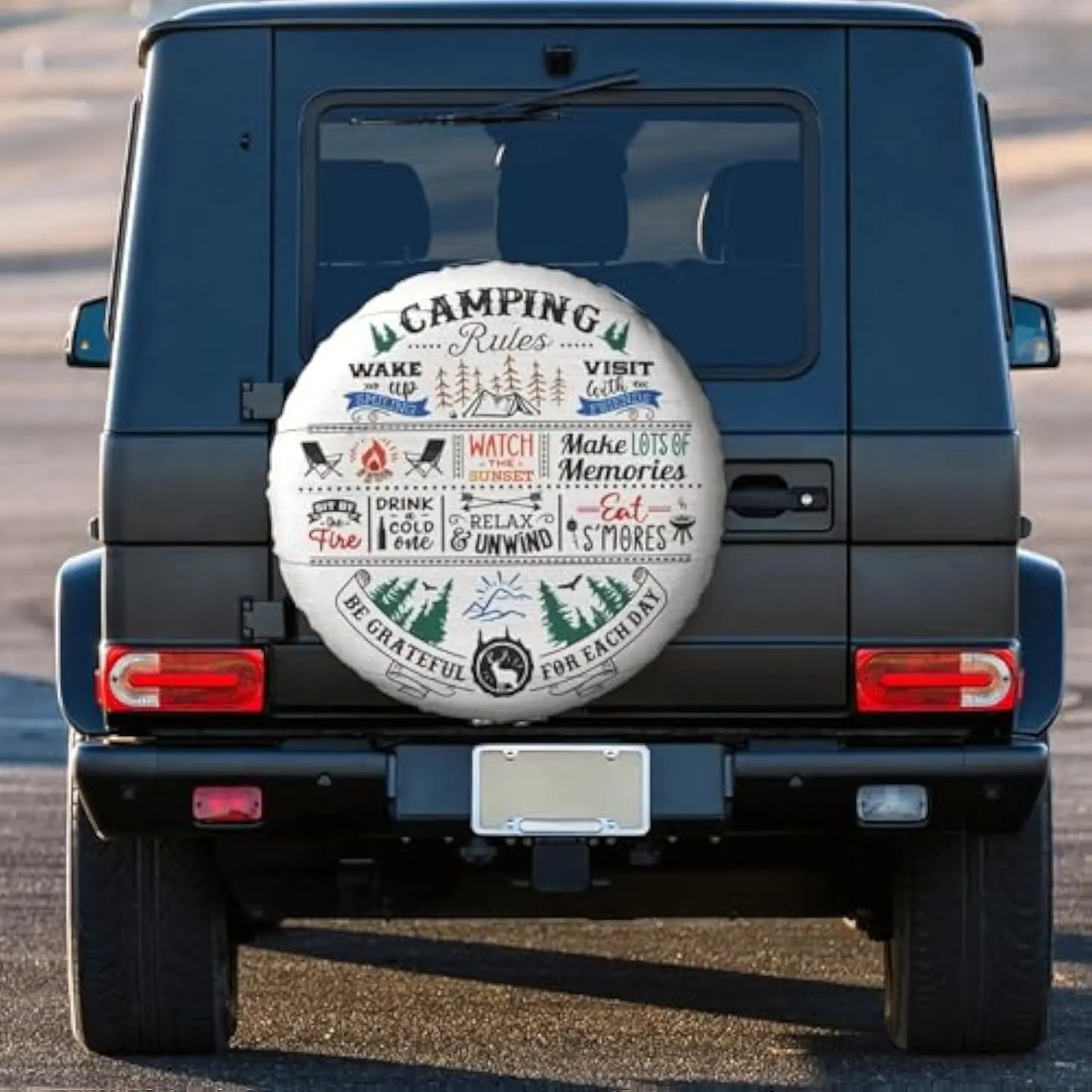 Camping Rules Spare Tire Cover Universal Weatherproof Polyester Fiber Wheel Protector for RV Trailer SUV Truck 14 Inch