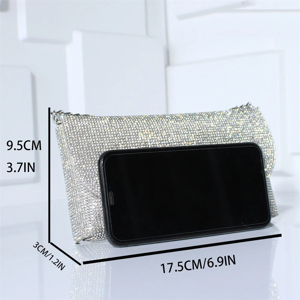 Horizontal Square Diamond-Inlaid Dinner Bag Girls Daily Small Fragrance Pu Material Hand Bag Fashion Chain Magnetic Buckle Bag