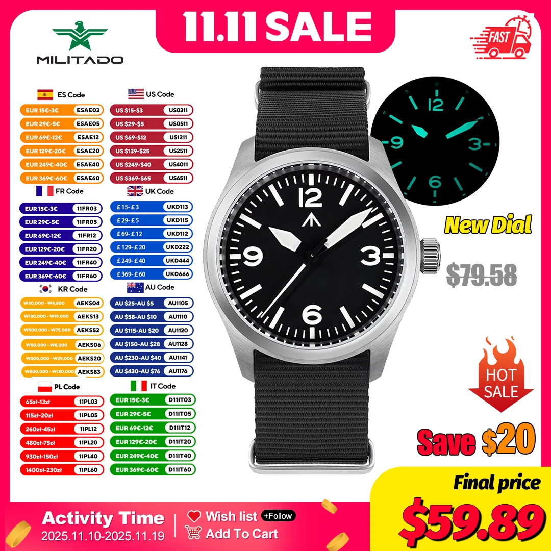 Militado ML08 38 مللي متر ساعات كوارتز عتيقة سوبر مضيئة السيوف إبرة VH31 اكتساح الحركة الثانية الياقوت 100 متر ساعة مقاومة للماء #1