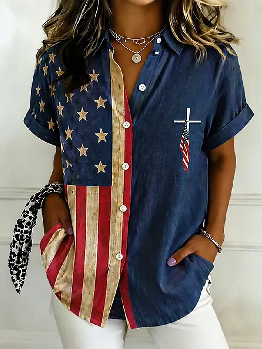 

Women's Vintage USA Flag & Cross Print Button-Up Shirt, Casual Loose Blouse for Spring Summer Daily & Holiday Wear