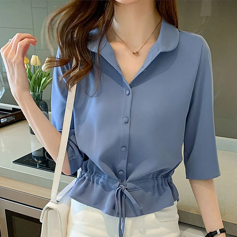 Fashion V-Neck Button Shirring Lace Up Shirt 2022 Summer Casual Tops Oversized Commute Women\'s Clothing All-match Korean Blouses