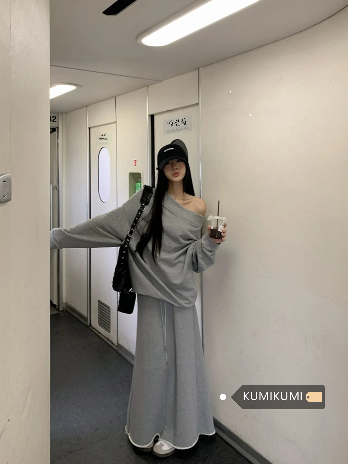 Kumikumi Casual Set Idle Sle Gray off-Shoulder Hoodie Women clothes Early Autumn A- line Skirt Skirt Two-piece Set