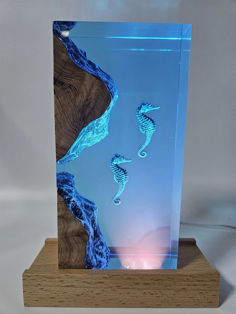 Seahorse Theme Organic Resin Light Creative Art Night Light Craft Decoration Ocean Animals Landscape Table Lamp USB Charge