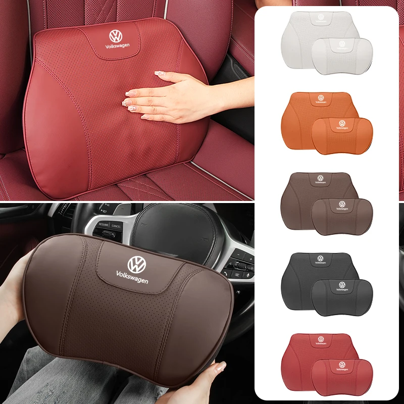 Car Leather Headrest Lumbar Memory Foam Neck Pillow For VW R Golf mk5 Passat Scirocco Polo Jetta GTE GTI Tiguan CC T-ROC Sharan 