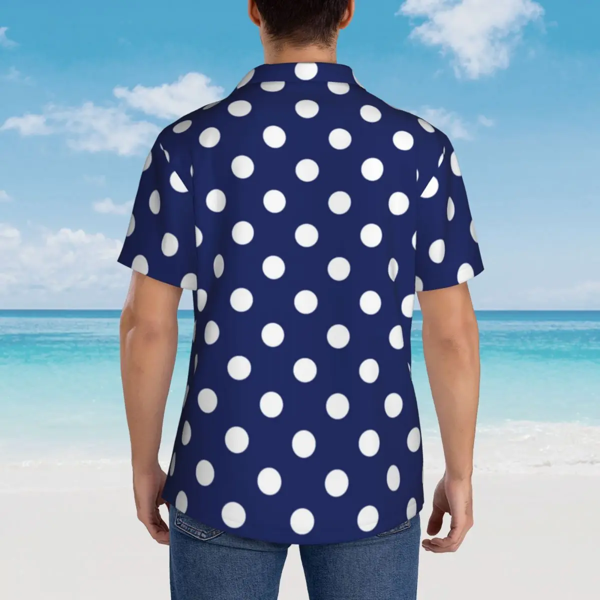 Navy Blue And White Polka Dot Vacation Shirt Trendy Polkadots Summer Casual Shirts Men Blouses Short Sleeve Stylish Design Top