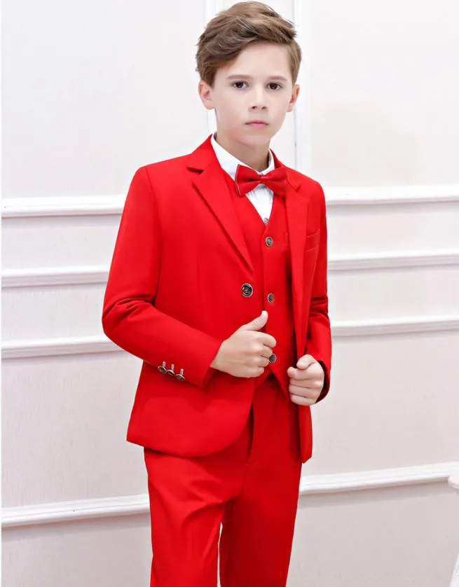 Flower Boys Formal Red Wedding Suit Kids Party Photograph Set Teenager Birthday Tuxedo Dress Children Graduation Show Costume