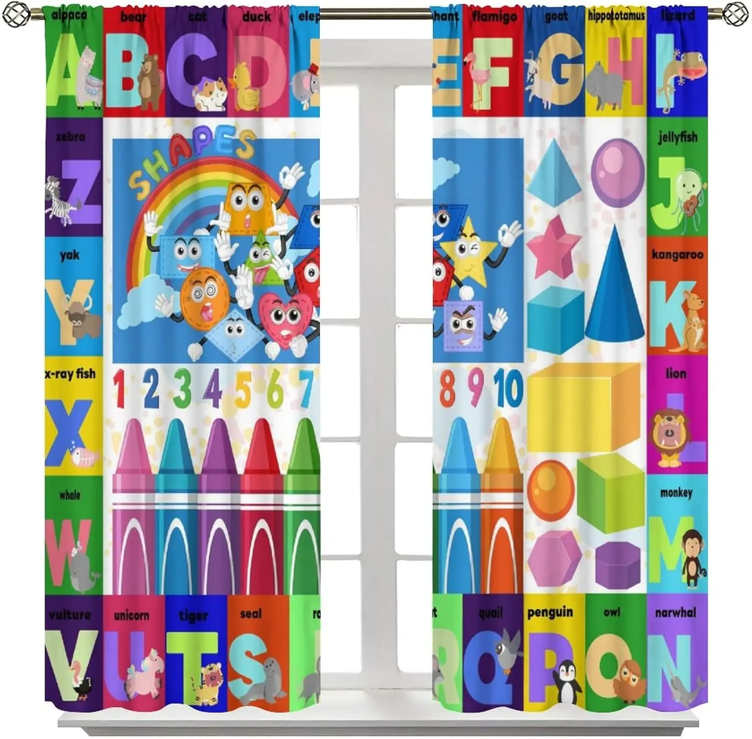 Colourful ABC Education Curtains, Cartoon Alphabet Animals Maths Geometric Shapes Learning Window Drapes for Kids Bedroom