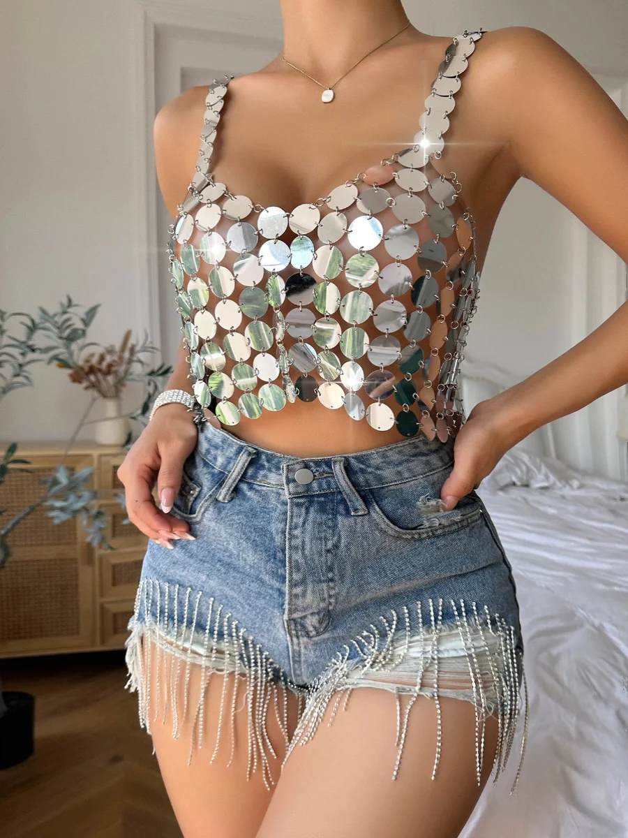 Silver Sequin Bal Strap Top Women's iny Street Sle ort Sve Inner Wear Summer Faion Ladies' Vest Blouse