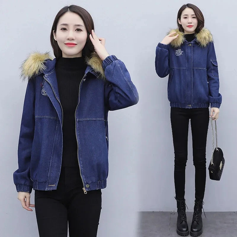 Women Winter Cotton Padded Jacket Women Denim Velet Jacket  2023 New Autumn Winter Loose Denim Jacket Korean Loose Thicken Cotto