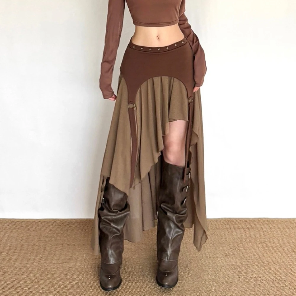 

SylCue Casual Fashion Long Skirt Women Summer Trend Mesh Patchwork Irregular Ruched Ribbon Hem High Street Style Elegant Bottoms